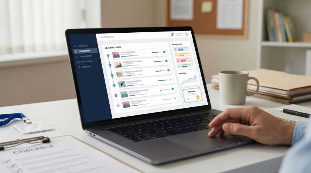 “Childcare director reviewing staff training assignments and learning paths on a learning management system dashboard.”