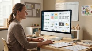 Childcare director reviewing a learning management system dashboard showing learning paths, training assignments, reporting, and certificate tracking.