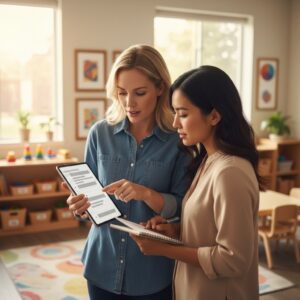 Experienced childcare teacher mentoring a colleague in a classroom while completing a training worksheet on a tablet.