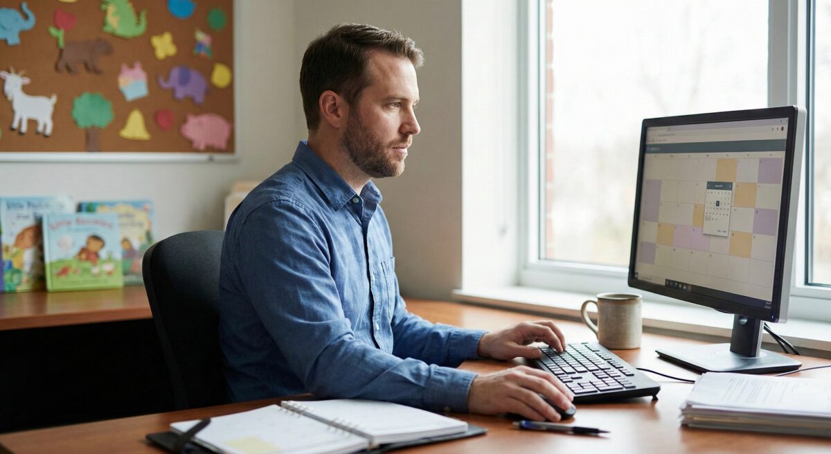 Childcare director sits at his desk using a computer to set dates on a one-month calendar, with a softly blurred childcare office in the background.