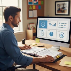 Childcare director sits at his desk looking at a computer displaying an LMS dashboard, with an open three-ring binder staff handbook on the desk as a reference