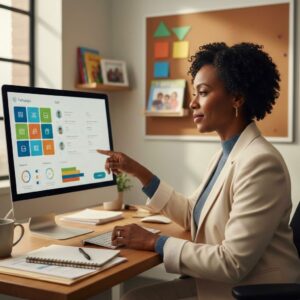 childcare director sits at her desk using a computer LMS to assign learning pathways to staff, with a softly blurred childcare office in the background.
