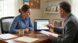 Childcare director meets with a state licensing representative at a desk, reviewing an LMS report on a computer while the representative holds a clipboard and points to the screen.