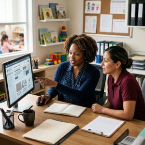 Childcare director and teacher reviewing CDA program options together on a computer in a center office