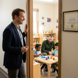Male childcare director smiles in a hallway doorway while observing a male teacher helping two preschool children paint at a table, with a certificate framed nearby.