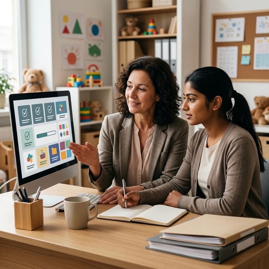 Childcare director meets with a staff member in her office while reviewing a course dashboard showing completed courses and one in-progress bar on a computer screen.