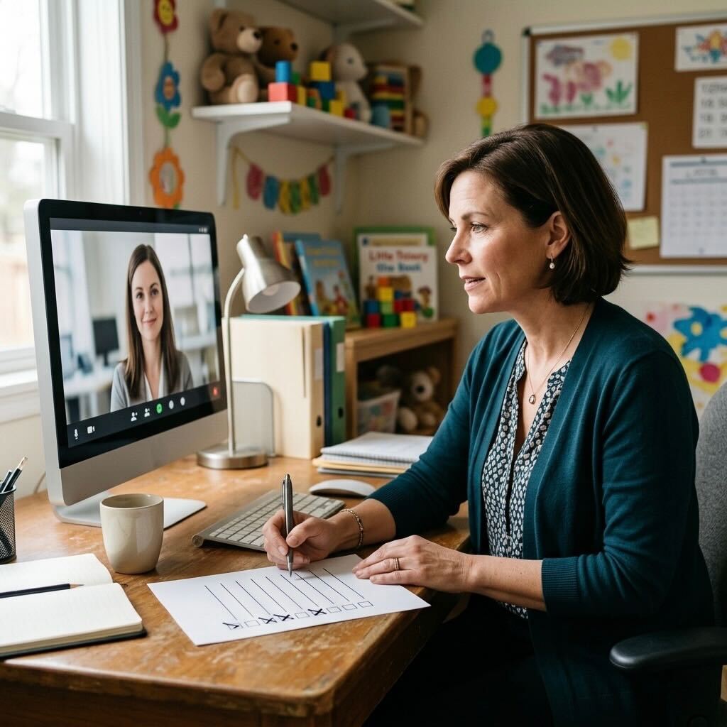 Childcare center director on a video call while marking a simple checklist with checkmarks and X’s in her office.