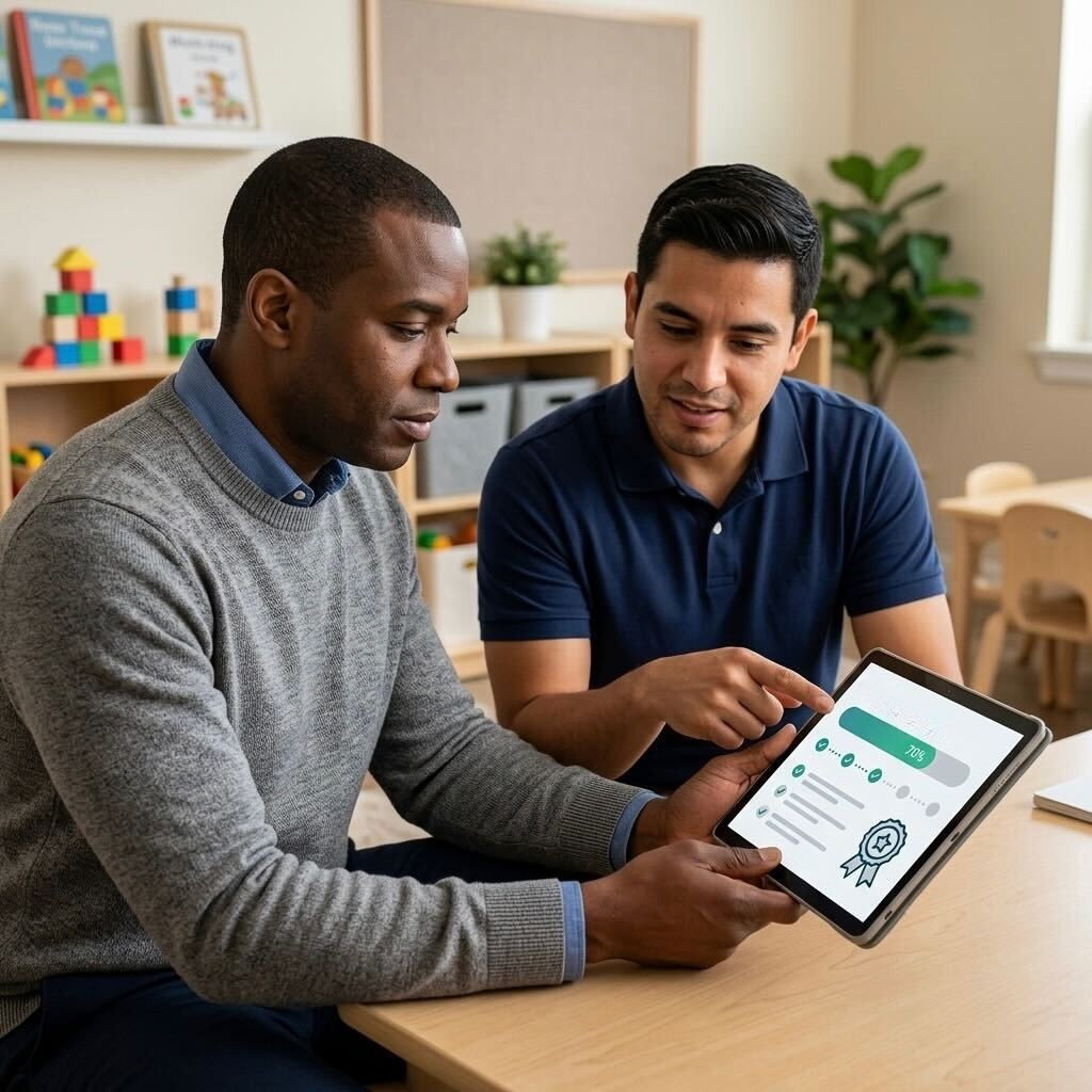 Male childcare director and male teacher review a tablet progress bar together during a milestone check-in at a childcare center.