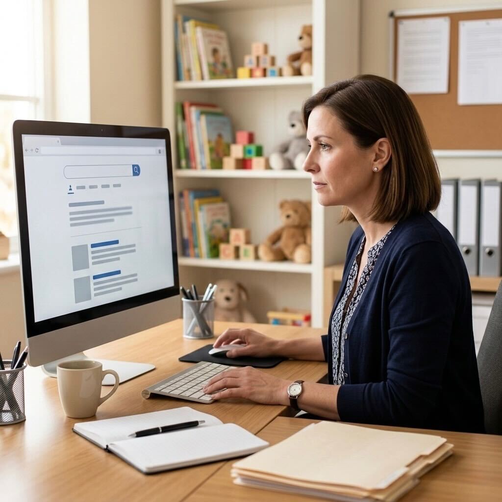 Childcare center director with a neutral expression reviewing CDA program information on a desktop computer in her office.